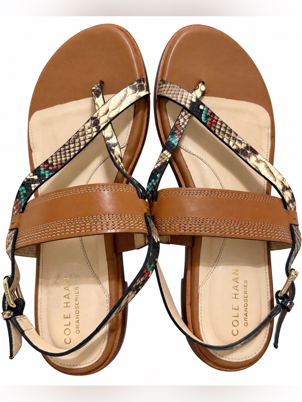 🦋Cole Haan| Grandseries Leather Sandals Size 9B Tan Multicolor Snakeskin Strappy
